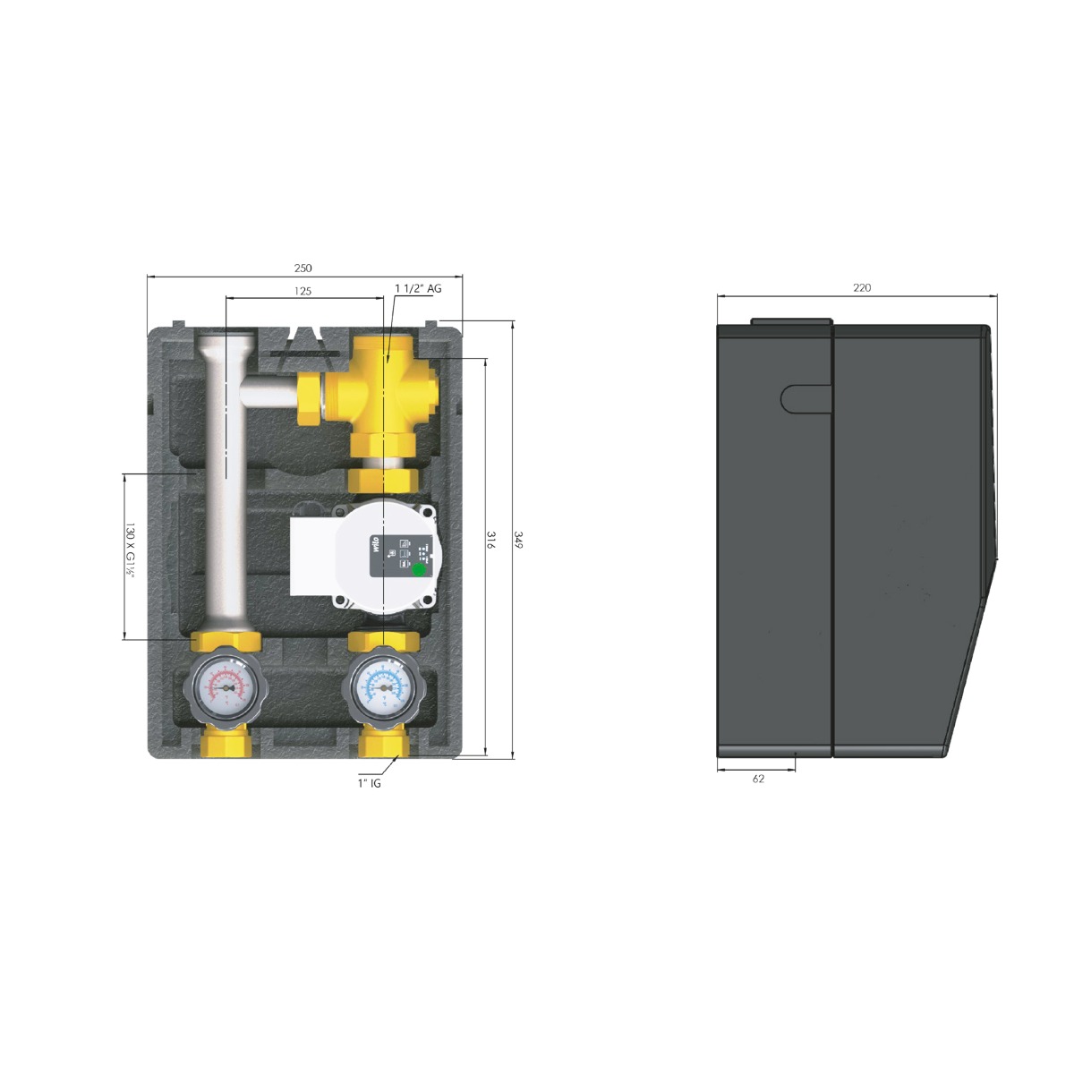 005 | Rücklaufanhebung mit Festwertthermostat 60°C mit GRUNDFOS UPM3 HYBRID 25/7 Hocheffizeinzpumpe