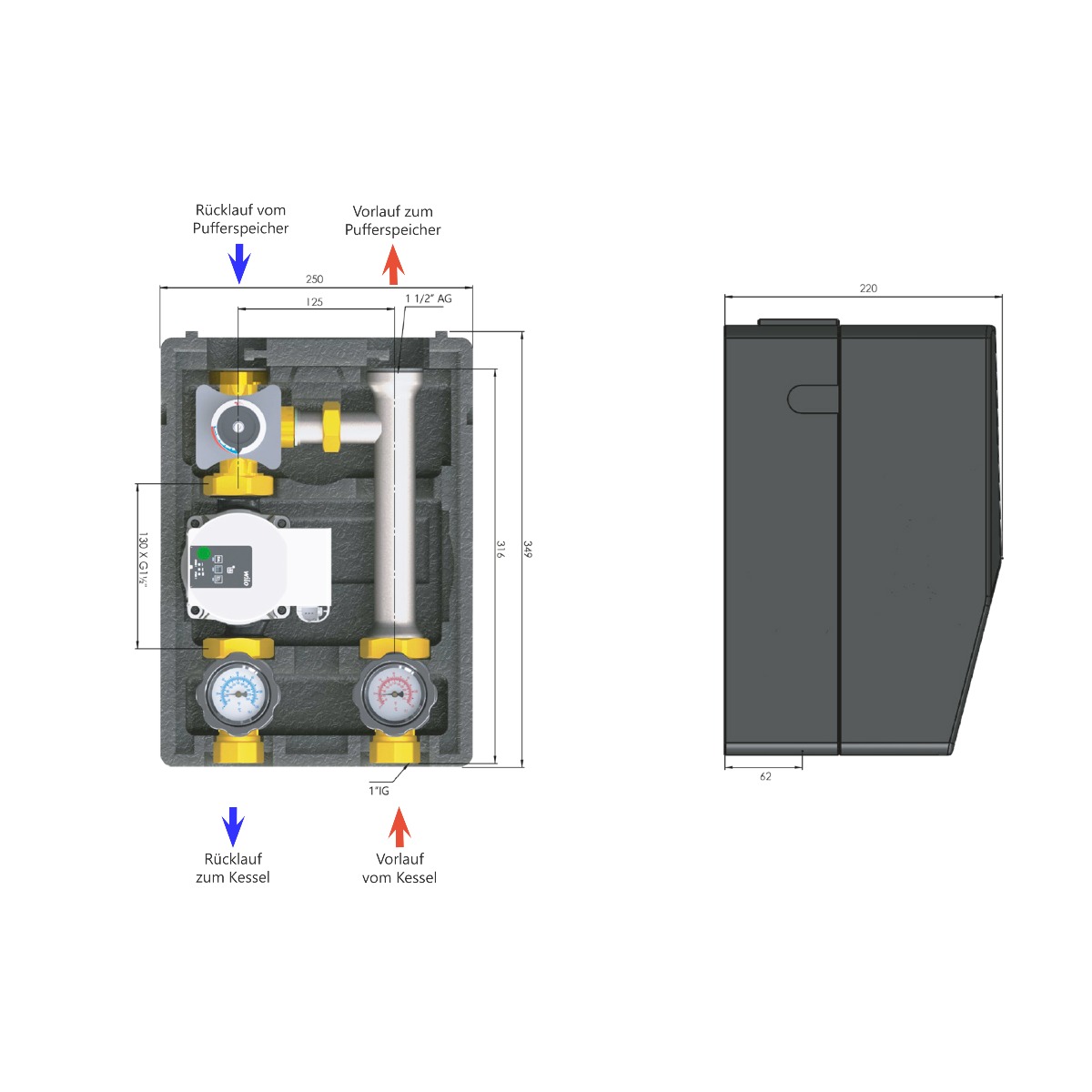 006 | Rücklaufanhebung mit elektrischem Stellmotor, integrierter Regelung 20-80°C und GRUNDFOS UPM3 HYBRID 25/7 Hocheffizienzpumpe